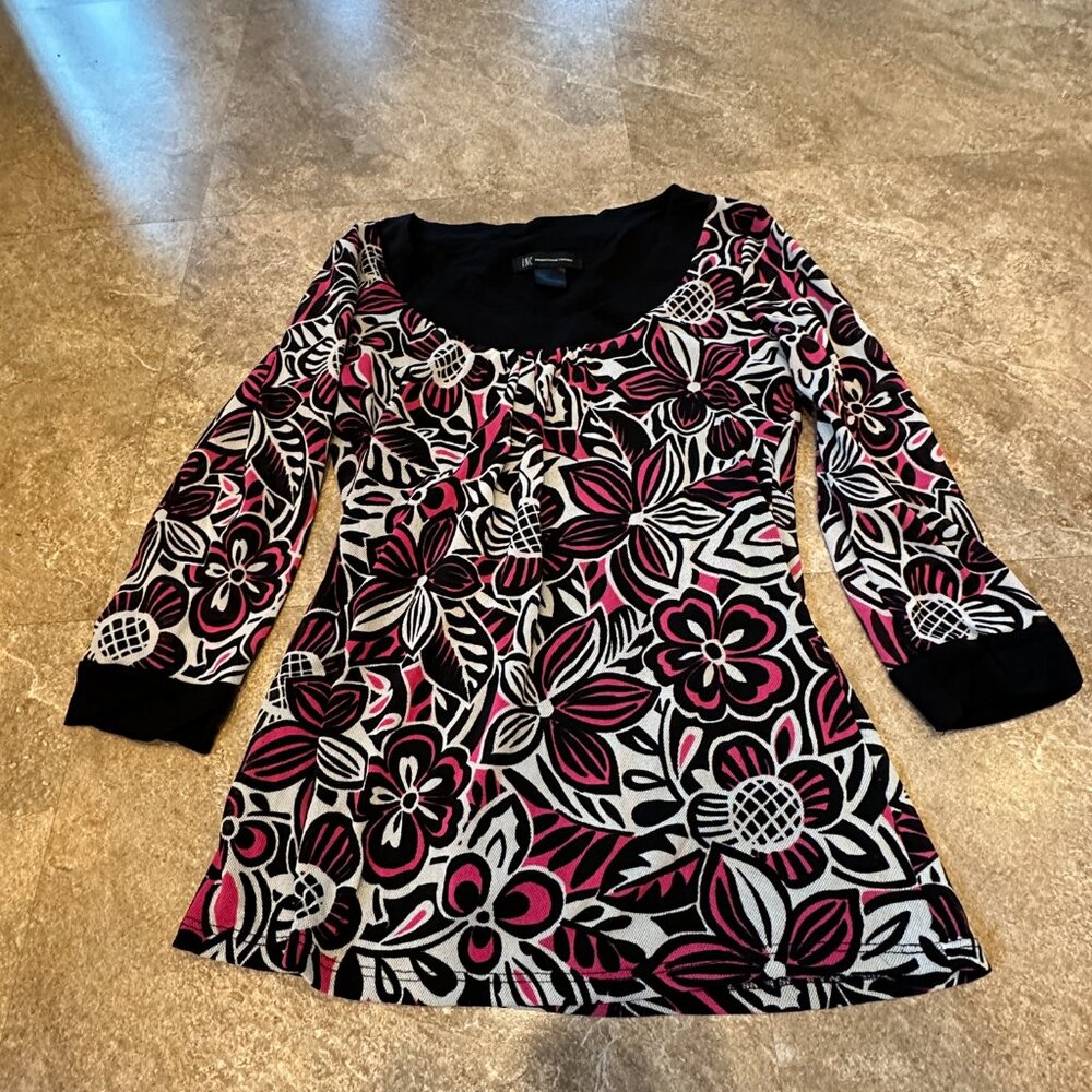 INC Concepts Women's Scoop Neck Pink & Black Floral Sheer Overlay Top - Small